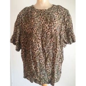 COURTWELL brown leaf print silk short slv blouse